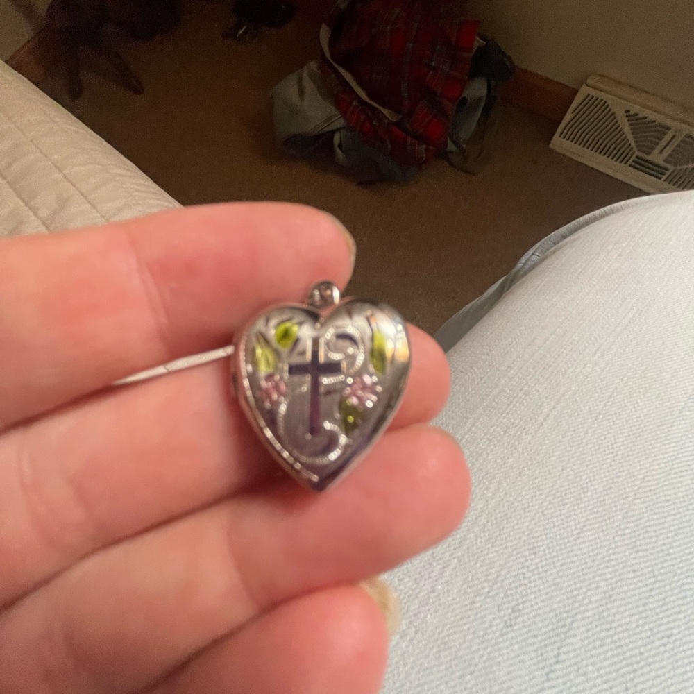 Sterling silver locket pendant with cross and flowers gemstones accent
